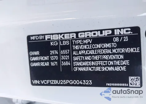2023 Fisker Ocean One z USA, uszkodzony, nr VIN VCF1ZBU25PG004323